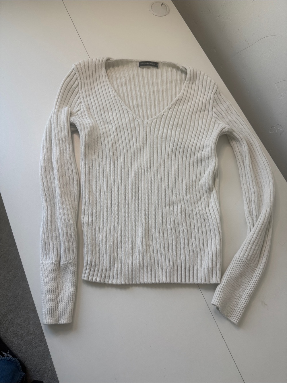 Wool Blend Ribbed V-Neck Sweater - Cream